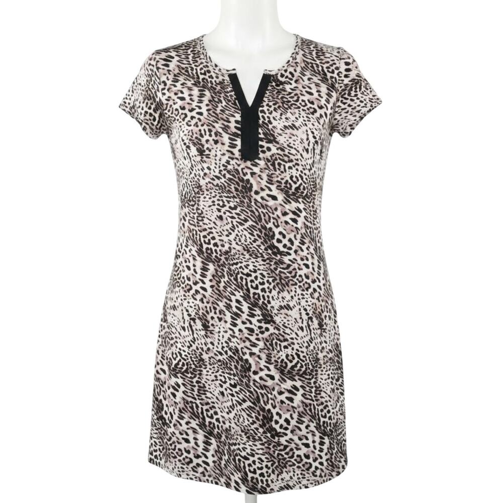 Anne Klein Dress Womens L Brown Animal Print A-Line T-Shirt Dress Knee Length